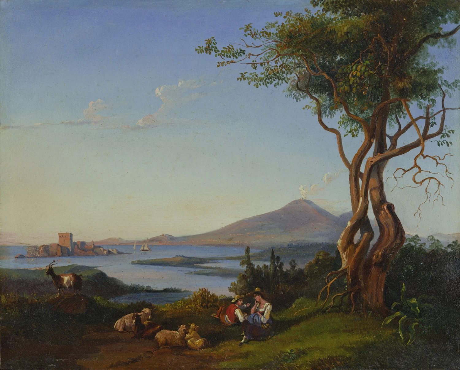 Veduta dello scoglio di Rovigliano e il Vesuvio sullo sfondo - attribuito